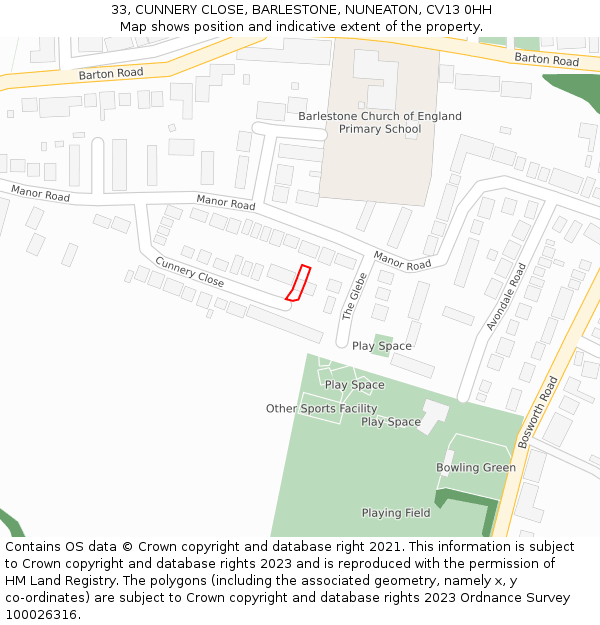 33, CUNNERY CLOSE, BARLESTONE, NUNEATON, CV13 0HH: Location map and indicative extent of plot