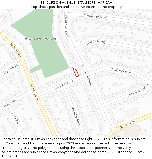 33, CURZON AVENUE, STANMORE, HA7 2AH: Location map and indicative extent of plot