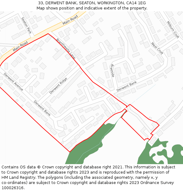 33, DERWENT BANK, SEATON, WORKINGTON, CA14 1EG: Location map and indicative extent of plot
