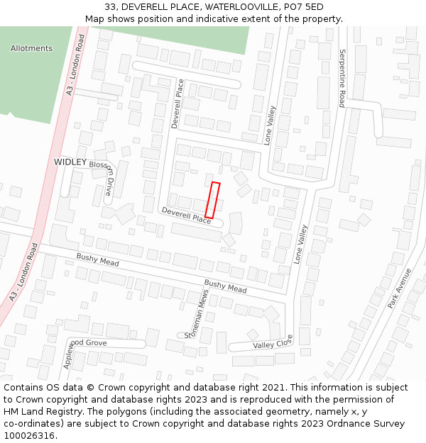 33, DEVERELL PLACE, WATERLOOVILLE, PO7 5ED: Location map and indicative extent of plot
