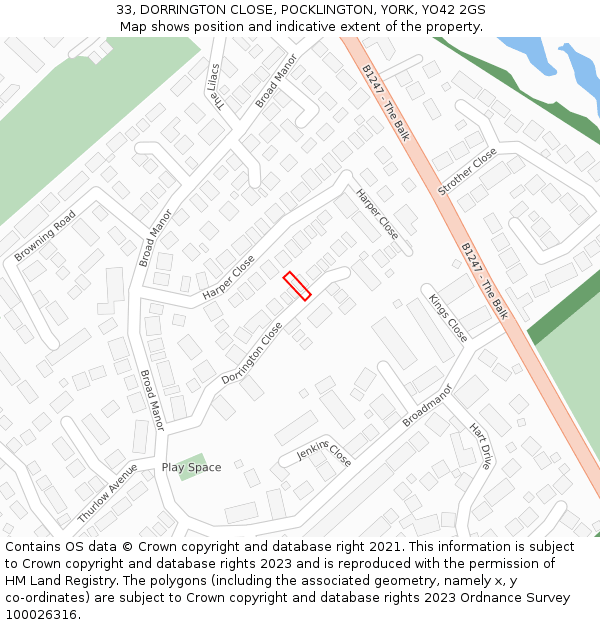 33, DORRINGTON CLOSE, POCKLINGTON, YORK, YO42 2GS: Location map and indicative extent of plot