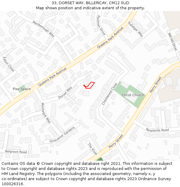 33, DORSET WAY, BILLERICAY, CM12 0UD: Location map and indicative extent of plot