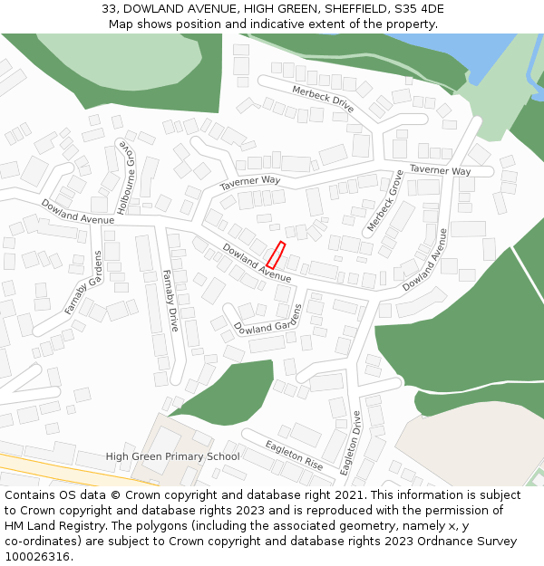 33, DOWLAND AVENUE, HIGH GREEN, SHEFFIELD, S35 4DE: Location map and indicative extent of plot