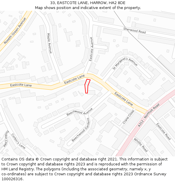 33, EASTCOTE LANE, HARROW, HA2 8DE: Location map and indicative extent of plot