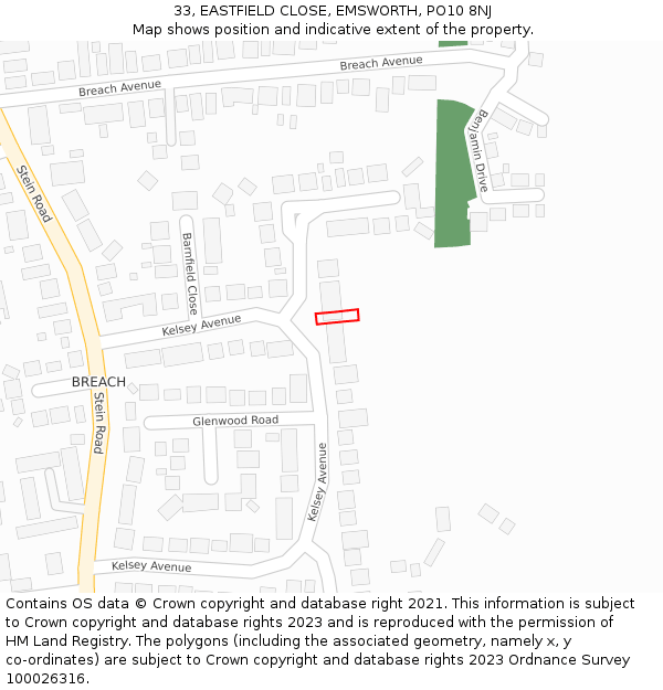 33, EASTFIELD CLOSE, EMSWORTH, PO10 8NJ: Location map and indicative extent of plot
