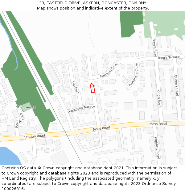 33, EASTFIELD DRIVE, ASKERN, DONCASTER, DN6 0NY: Location map and indicative extent of plot