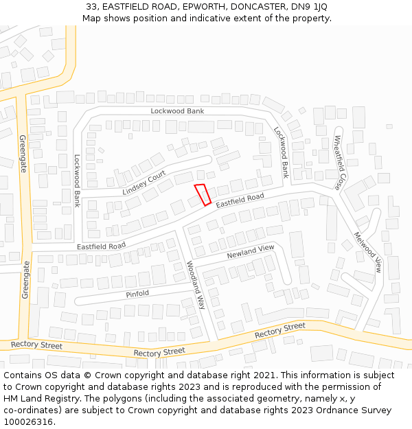 33, EASTFIELD ROAD, EPWORTH, DONCASTER, DN9 1JQ: Location map and indicative extent of plot