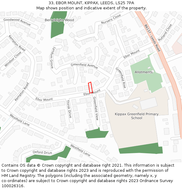 33, EBOR MOUNT, KIPPAX, LEEDS, LS25 7PA: Location map and indicative extent of plot