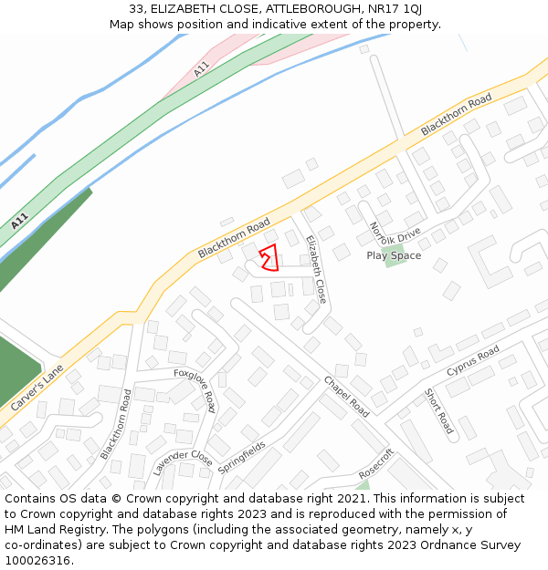 33, ELIZABETH CLOSE, ATTLEBOROUGH, NR17 1QJ: Location map and indicative extent of plot