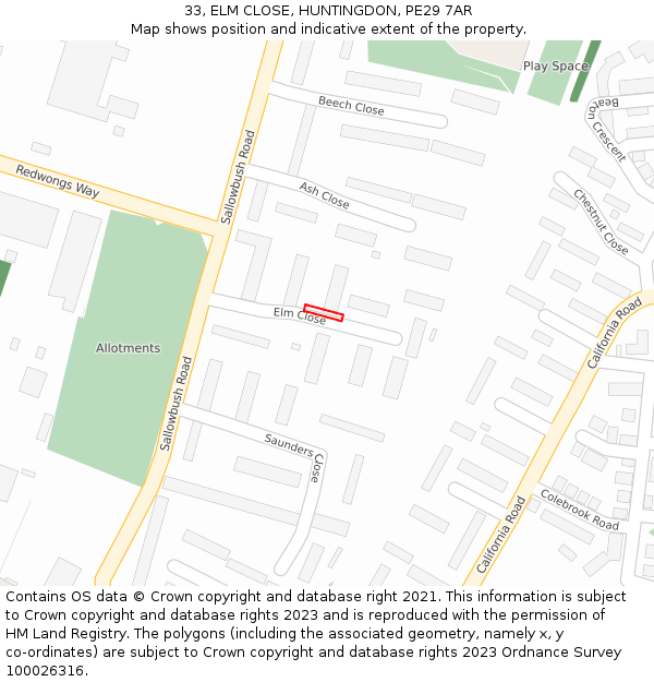 33, ELM CLOSE, HUNTINGDON, PE29 7AR: Location map and indicative extent of plot