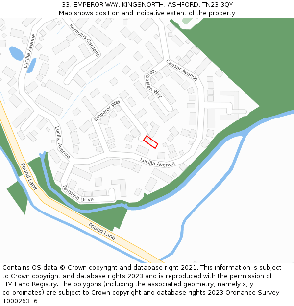 33, EMPEROR WAY, KINGSNORTH, ASHFORD, TN23 3QY: Location map and indicative extent of plot