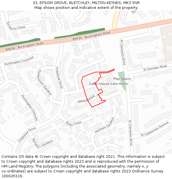 33, EPSOM GROVE, BLETCHLEY, MILTON KEYNES, MK3 5NR: Location map and indicative extent of plot