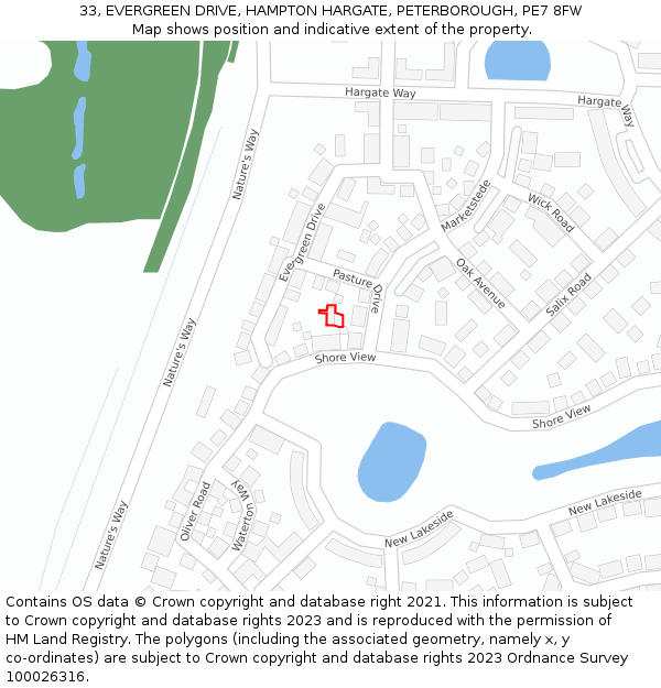 33, EVERGREEN DRIVE, HAMPTON HARGATE, PETERBOROUGH, PE7 8FW: Location map and indicative extent of plot