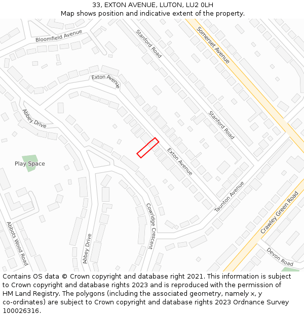 33, EXTON AVENUE, LUTON, LU2 0LH: Location map and indicative extent of plot
