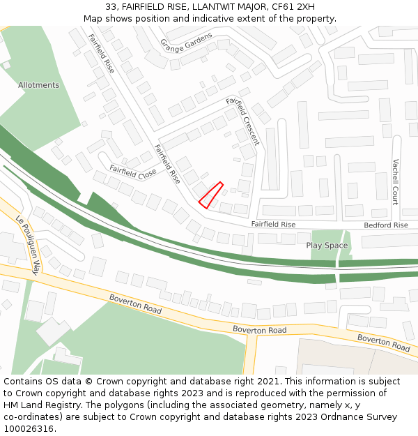 33, FAIRFIELD RISE, LLANTWIT MAJOR, CF61 2XH: Location map and indicative extent of plot