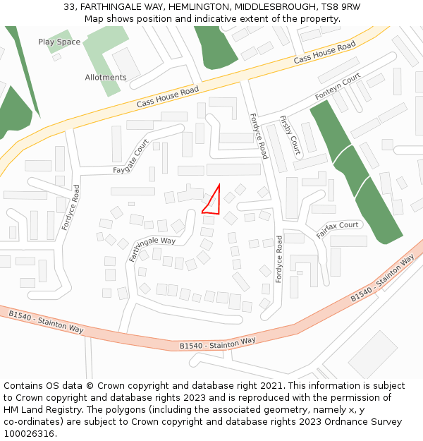 33, FARTHINGALE WAY, HEMLINGTON, MIDDLESBROUGH, TS8 9RW: Location map and indicative extent of plot