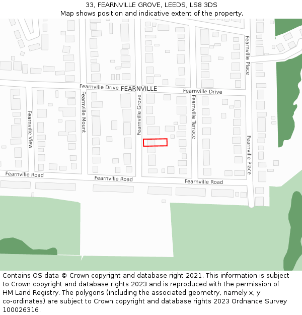 33, FEARNVILLE GROVE, LEEDS, LS8 3DS: Location map and indicative extent of plot