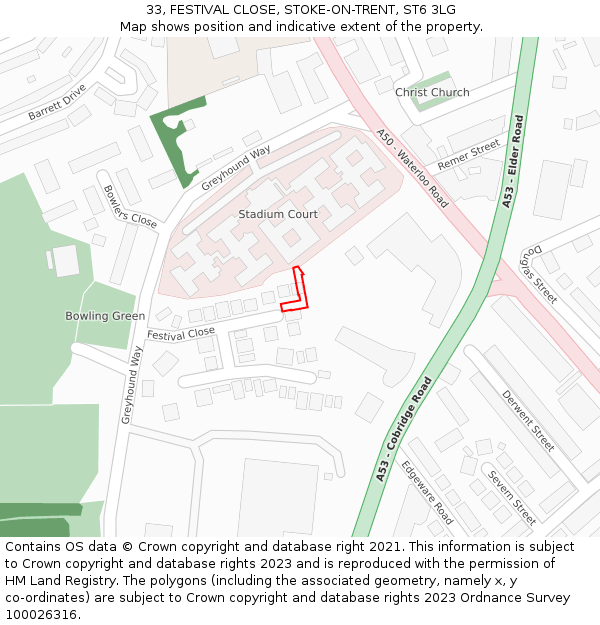 33, FESTIVAL CLOSE, STOKE-ON-TRENT, ST6 3LG: Location map and indicative extent of plot