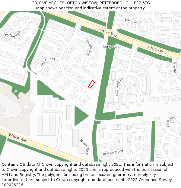 33, FIVE ARCHES, ORTON WISTOW, PETERBOROUGH, PE2 6FG: Location map and indicative extent of plot