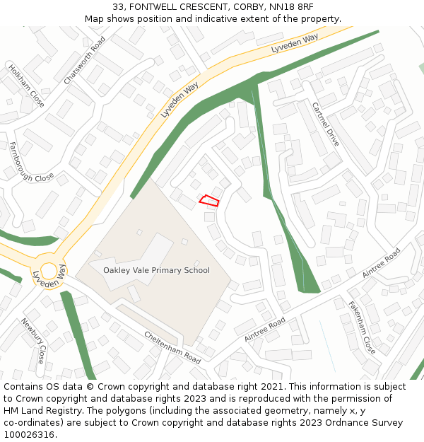 33, FONTWELL CRESCENT, CORBY, NN18 8RF: Location map and indicative extent of plot