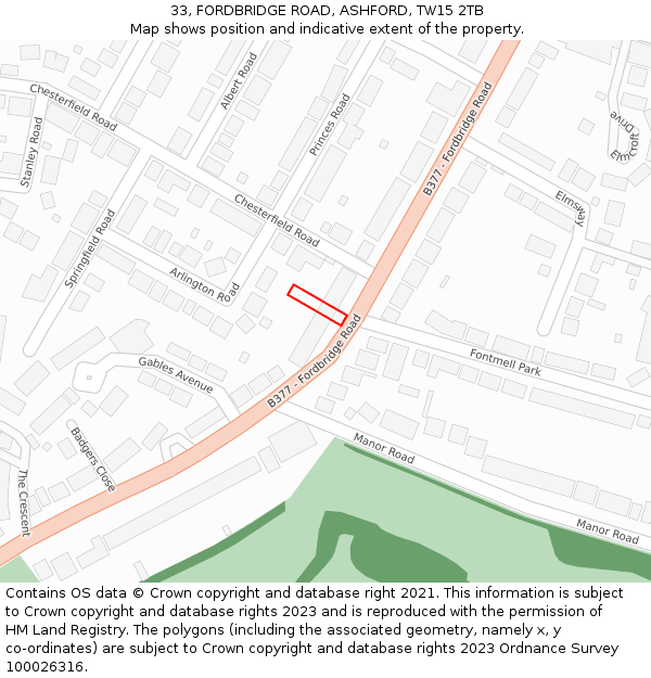 33, FORDBRIDGE ROAD, ASHFORD, TW15 2TB: Location map and indicative extent of plot