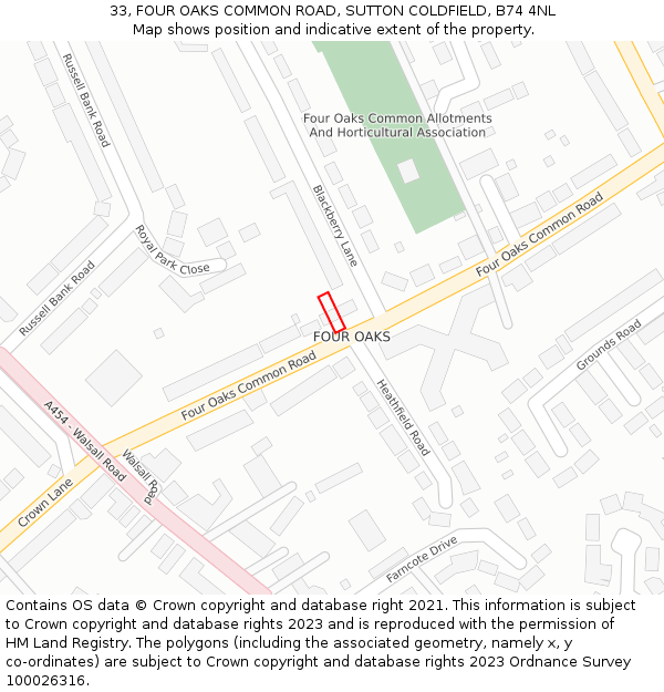 33, FOUR OAKS COMMON ROAD, SUTTON COLDFIELD, B74 4NL: Location map and indicative extent of plot