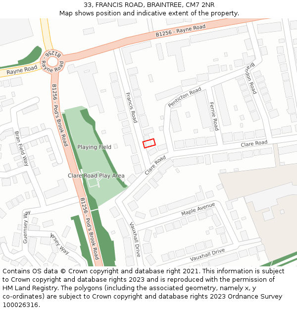 33, FRANCIS ROAD, BRAINTREE, CM7 2NR: Location map and indicative extent of plot