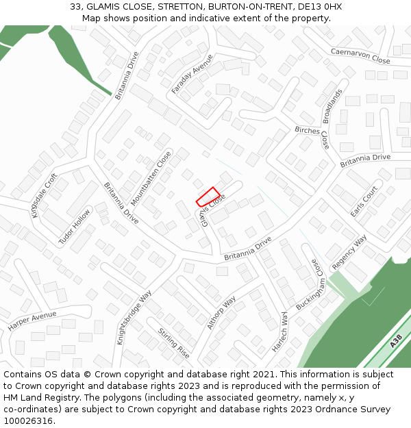 33, GLAMIS CLOSE, STRETTON, BURTON-ON-TRENT, DE13 0HX: Location map and indicative extent of plot