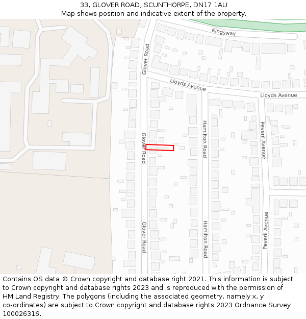 33, GLOVER ROAD, SCUNTHORPE, DN17 1AU: Location map and indicative extent of plot