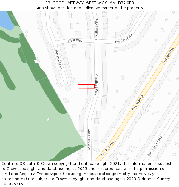 33, GOODHART WAY, WEST WICKHAM, BR4 0ER: Location map and indicative extent of plot