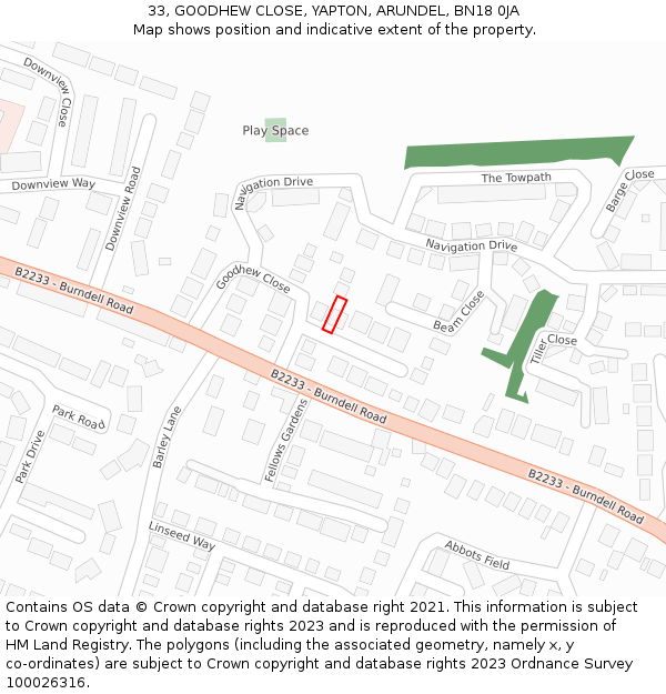 33, GOODHEW CLOSE, YAPTON, ARUNDEL, BN18 0JA: Location map and indicative extent of plot