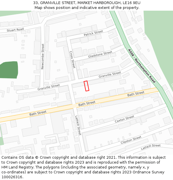 33, GRANVILLE STREET, MARKET HARBOROUGH, LE16 9EU: Location map and indicative extent of plot