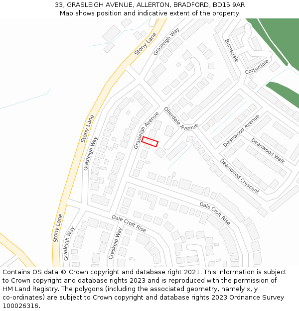 33, GRASLEIGH AVENUE, ALLERTON, BRADFORD, BD15 9AR: Location map and indicative extent of plot