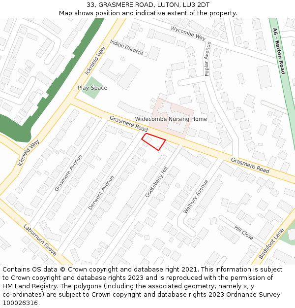 33, GRASMERE ROAD, LUTON, LU3 2DT: Location map and indicative extent of plot