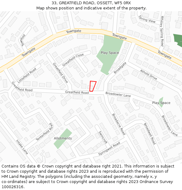 33, GREATFIELD ROAD, OSSETT, WF5 0RX: Location map and indicative extent of plot