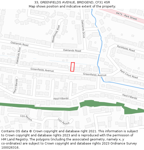 33, GREENFIELDS AVENUE, BRIDGEND, CF31 4SR: Location map and indicative extent of plot