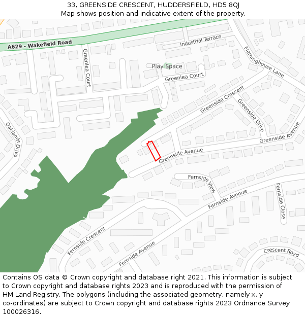 33, GREENSIDE CRESCENT, HUDDERSFIELD, HD5 8QJ: Location map and indicative extent of plot