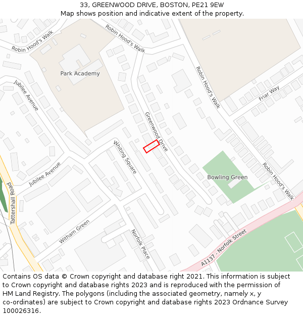 33, GREENWOOD DRIVE, BOSTON, PE21 9EW: Location map and indicative extent of plot