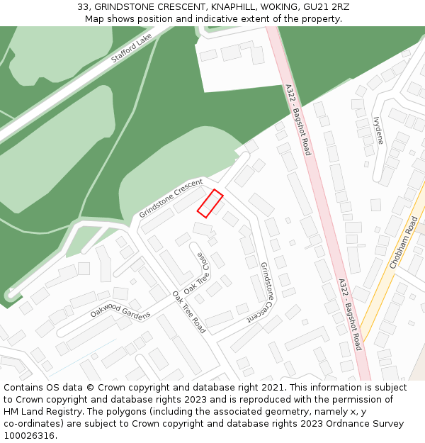 33, GRINDSTONE CRESCENT, KNAPHILL, WOKING, GU21 2RZ: Location map and indicative extent of plot