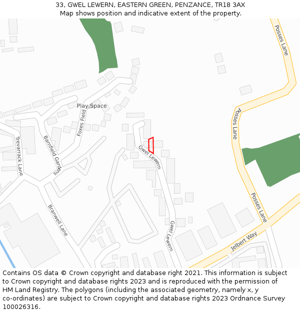 33, GWEL LEWERN, EASTERN GREEN, PENZANCE, TR18 3AX: Location map and indicative extent of plot