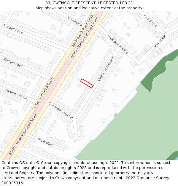 33, GWENCOLE CRESCENT, LEICESTER, LE3 2FJ: Location map and indicative extent of plot
