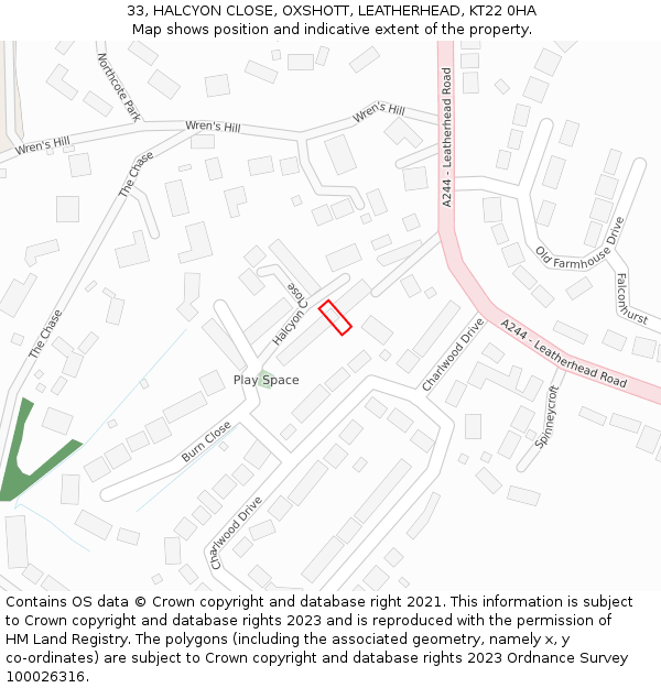33, HALCYON CLOSE, OXSHOTT, LEATHERHEAD, KT22 0HA: Location map and indicative extent of plot