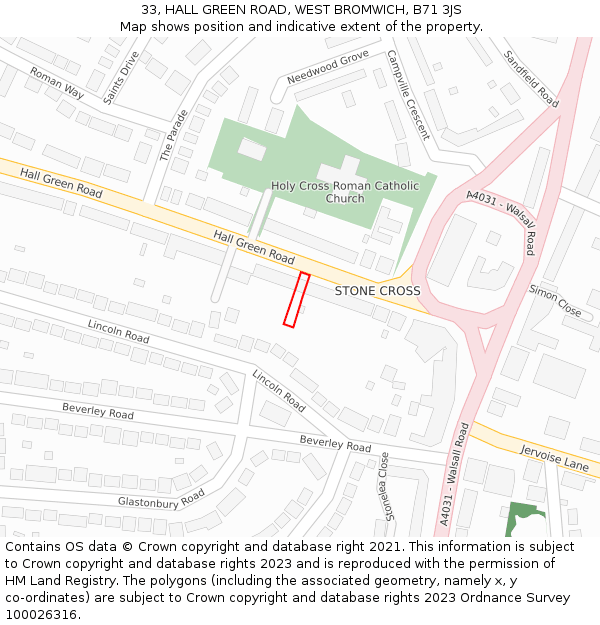 33, HALL GREEN ROAD, WEST BROMWICH, B71 3JS: Location map and indicative extent of plot