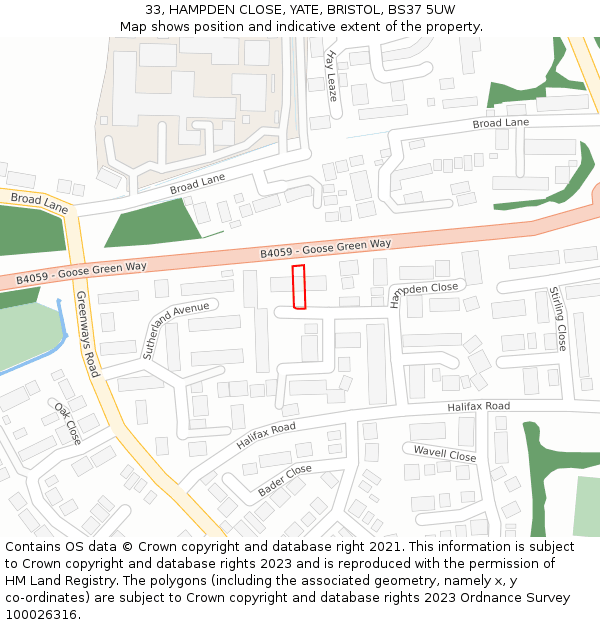 33, HAMPDEN CLOSE, YATE, BRISTOL, BS37 5UW: Location map and indicative extent of plot