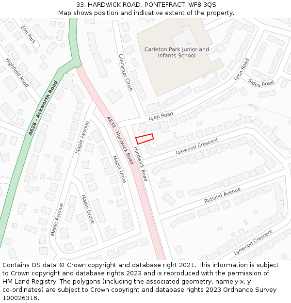33, HARDWICK ROAD, PONTEFRACT, WF8 3QS: Location map and indicative extent of plot