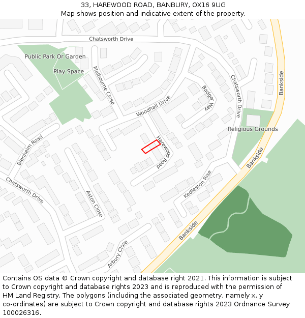 33, HAREWOOD ROAD, BANBURY, OX16 9UG: Location map and indicative extent of plot