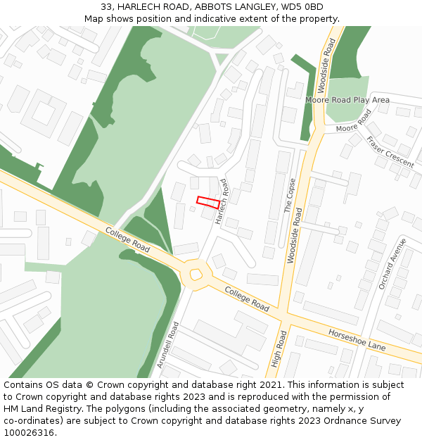 33, HARLECH ROAD, ABBOTS LANGLEY, WD5 0BD: Location map and indicative extent of plot