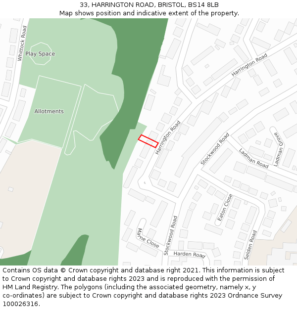 33, HARRINGTON ROAD, BRISTOL, BS14 8LB: Location map and indicative extent of plot