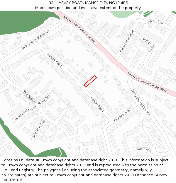 33, HARVEY ROAD, MANSFIELD, NG18 4ES: Location map and indicative extent of plot