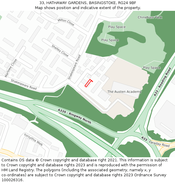 33, HATHAWAY GARDENS, BASINGSTOKE, RG24 9BF: Location map and indicative extent of plot